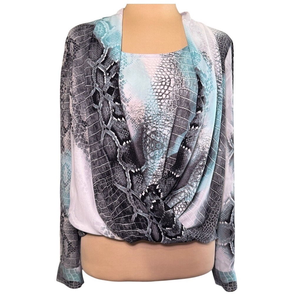 Alfani‎ Snakeskin Long Sleeved Blouse Faux Wrap Top Hi-Low Shirt 8P